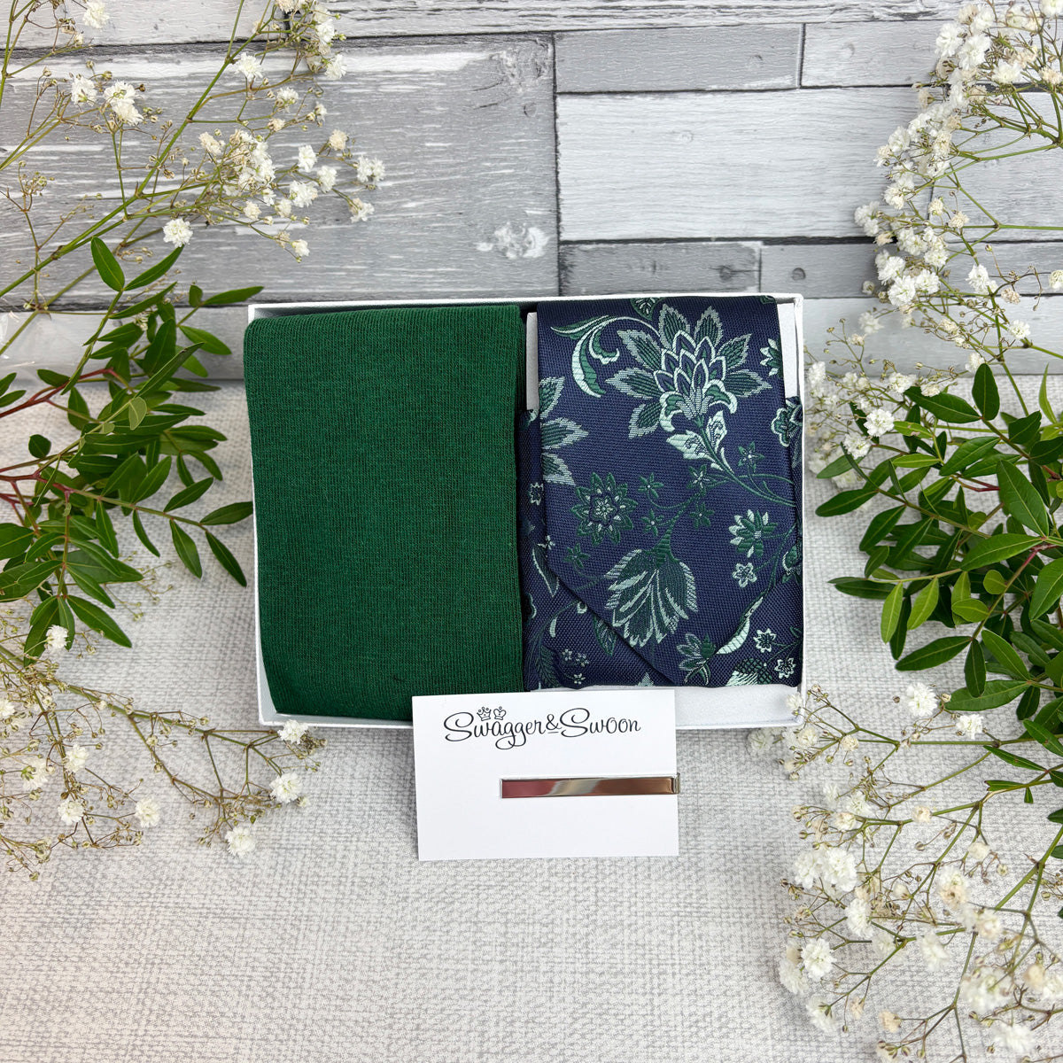 Dark Green Damask Tie & Socks Gift Set
