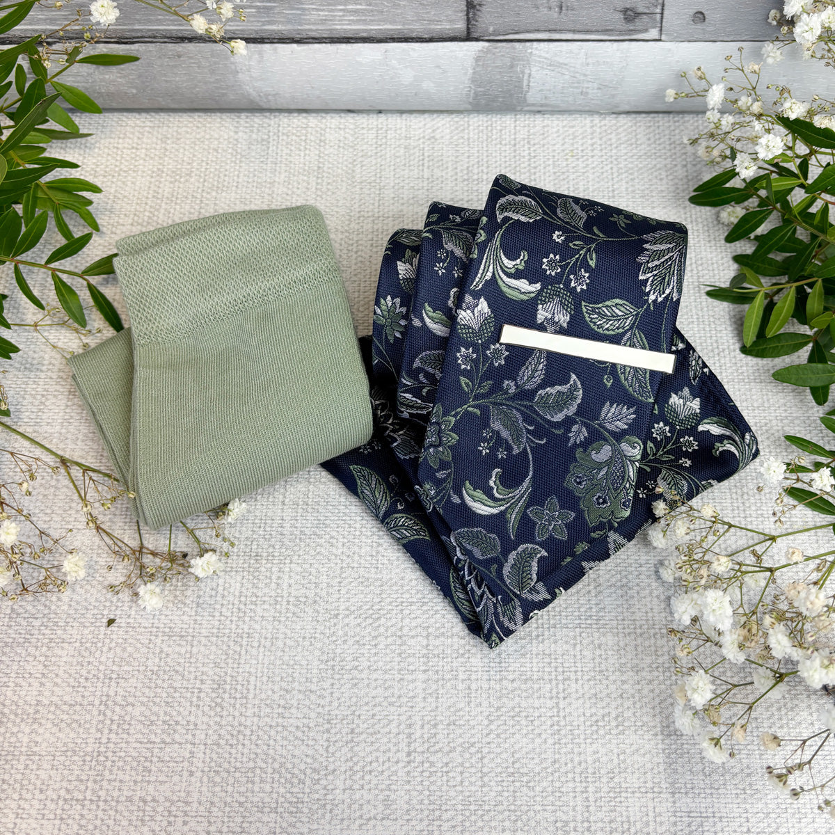 Wild Sage Damask Tie & Socks Gift Set
