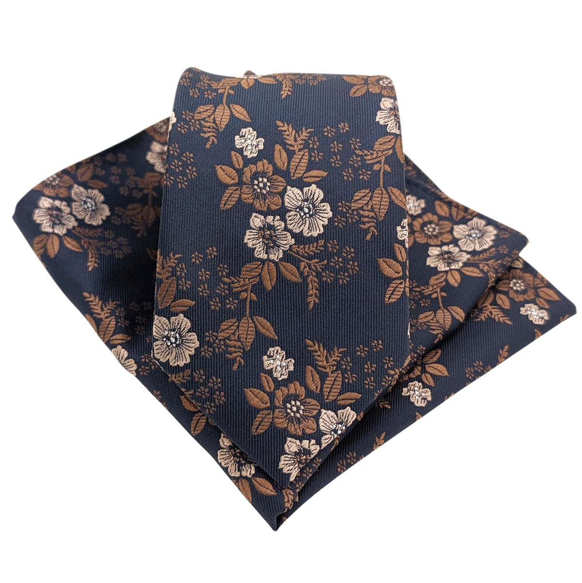 Navy-_-Brown-Blossom-Wedding-Tie-and-Pocket-Square