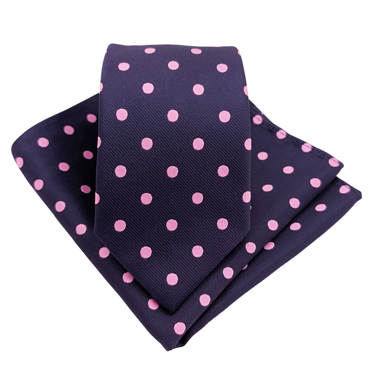 Navy & Pink Spot Wedding Tie and Pocket Square Set