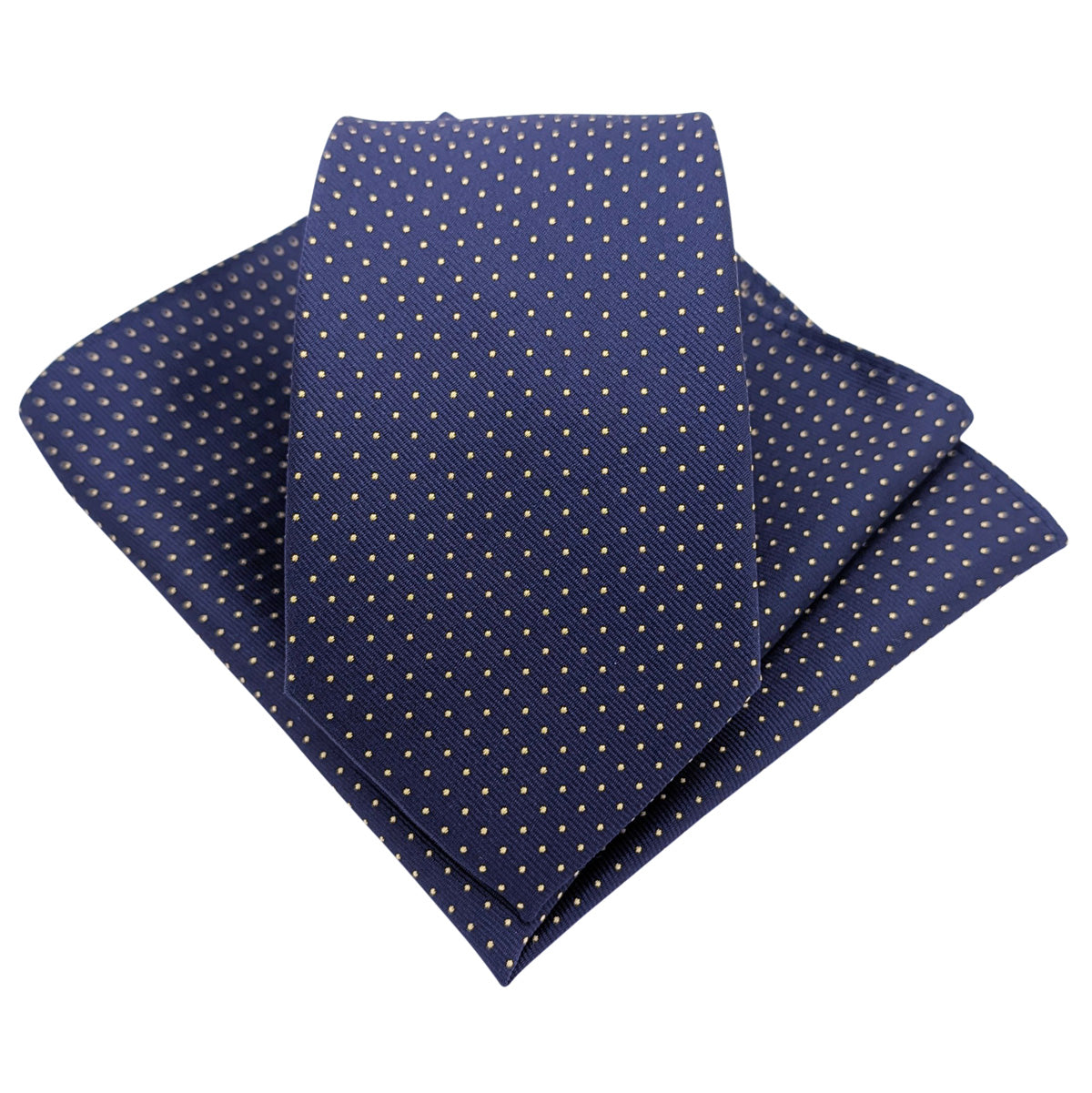 Navy & Yellow Pin Dots Wedding Tie and Pocket Square Set