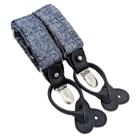 A pair of black leather suspenders with a blue and white paisley patterned fabric straps, featuring silver-tone metal clips and silver rivets, shown on a plain white background.