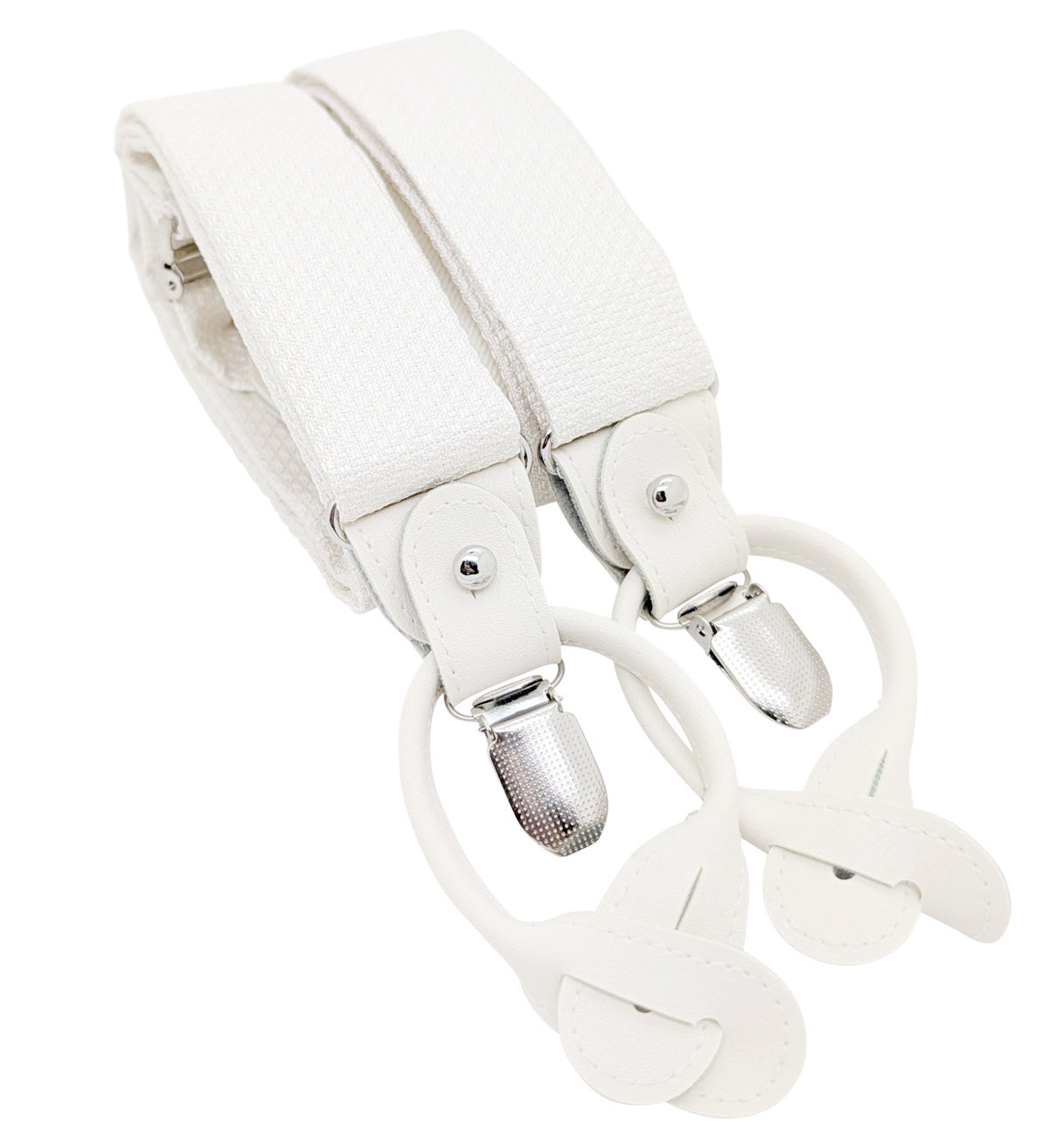 A pair of white textured fabric suspenders with silver-tone metal clips and white leather loops, shown on a plain white background.