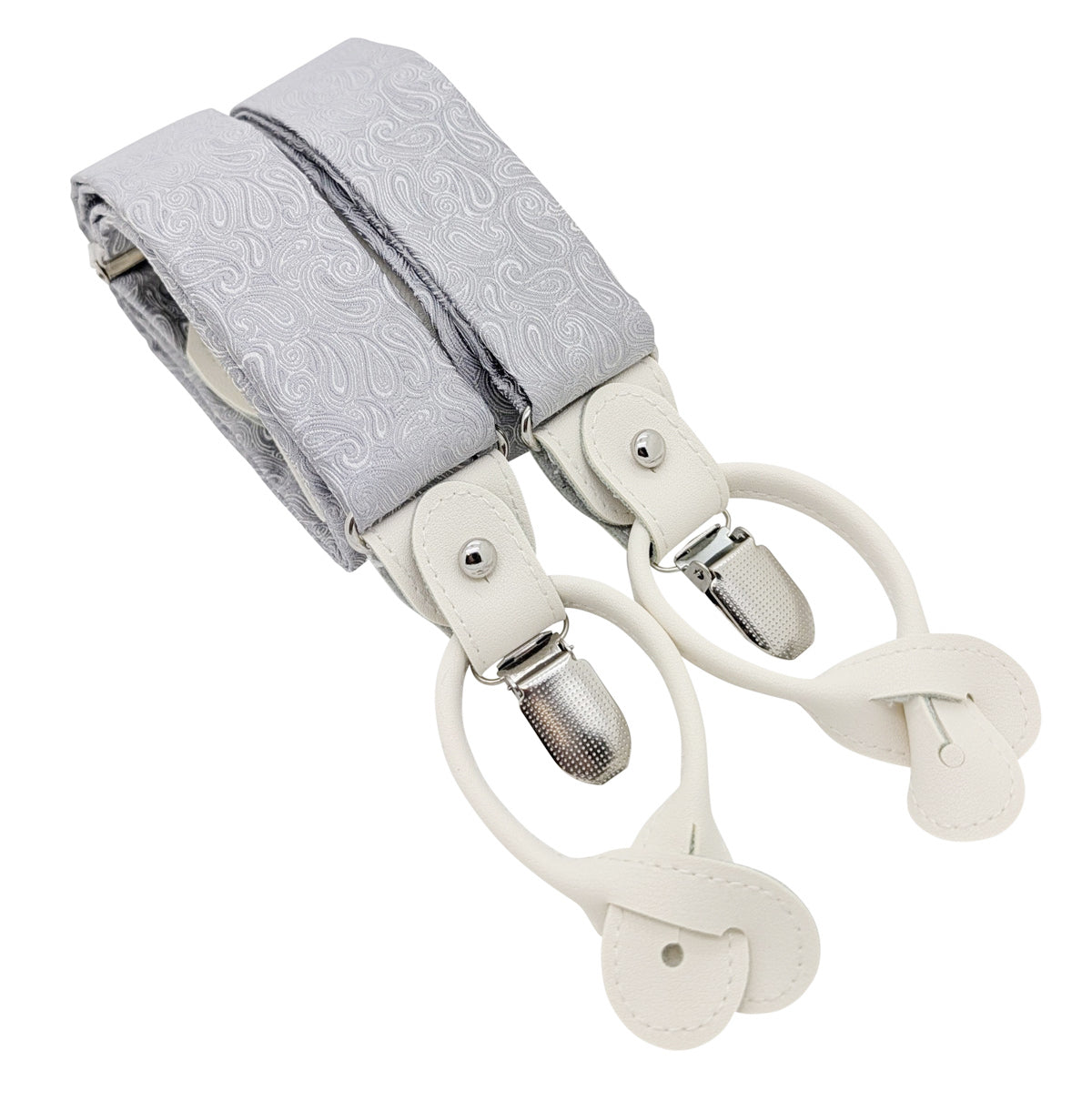 Light grey paisley patterned suspenders with white leather clips and silver metal hardware, shown on a plain white background.