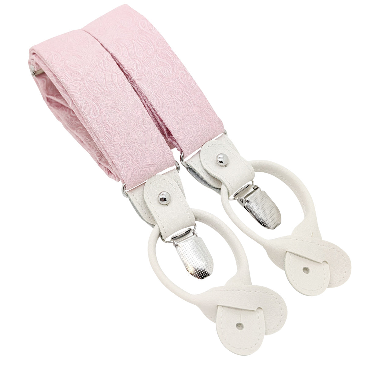 Light pink patterned fabric suspenders with metal clips and silver metal rivets, shown on a plain white background.