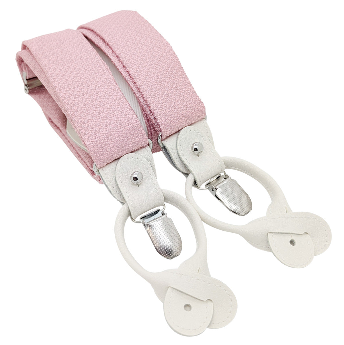Light pink woven suspenders with white leather loops and silver metal clips, shown on a plain white background.