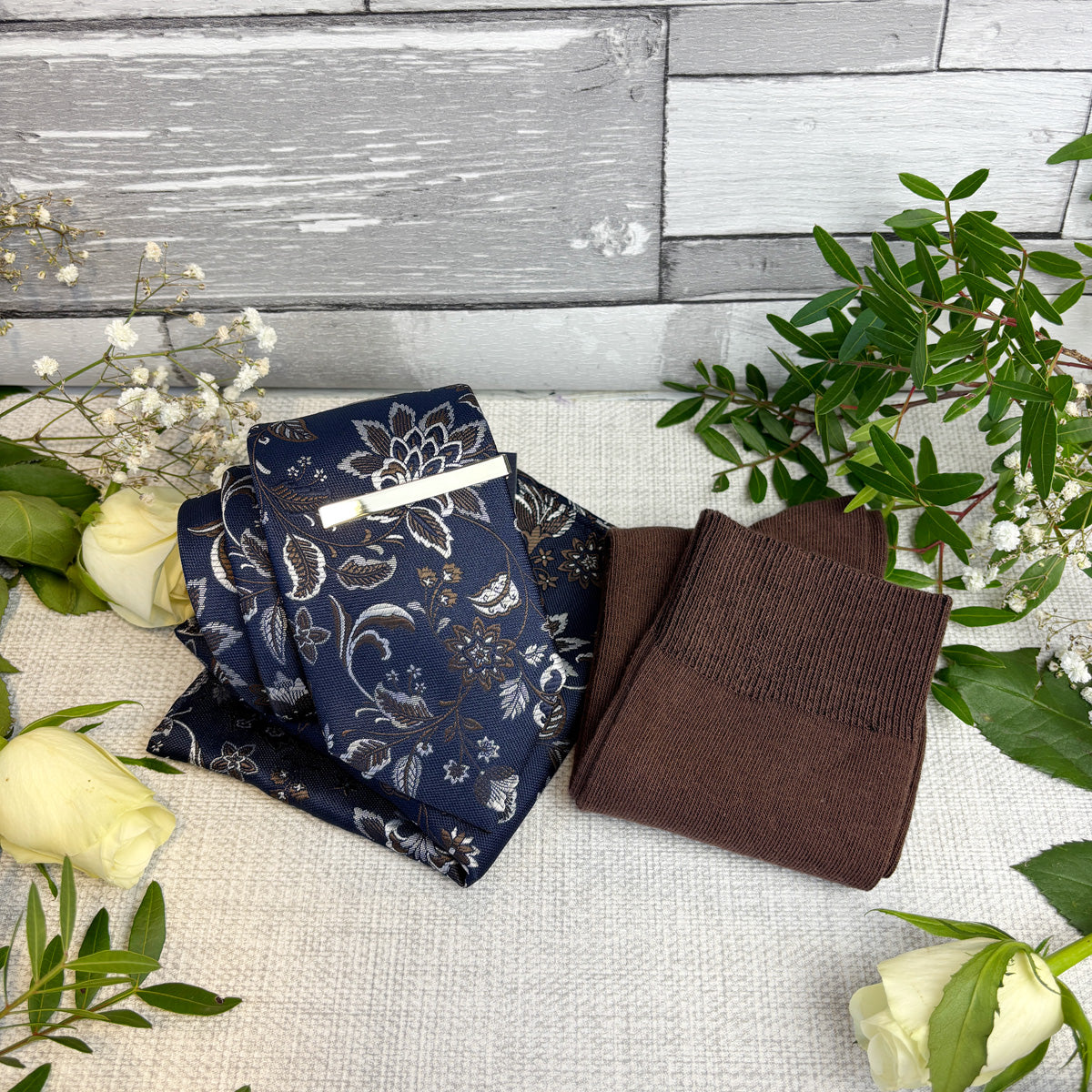 Walnut Damask Wedding Tie Box Set With Matching Socks and Silver Tie Bar