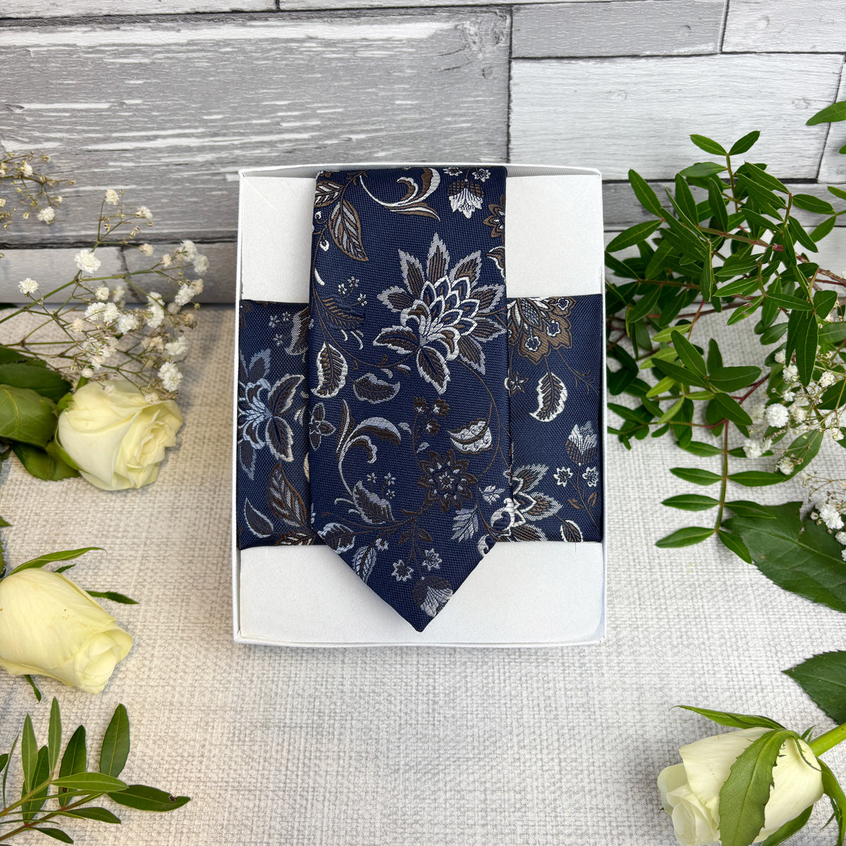 Walnut Damask Wedding Tie and Pocket Square in a White Gift Box