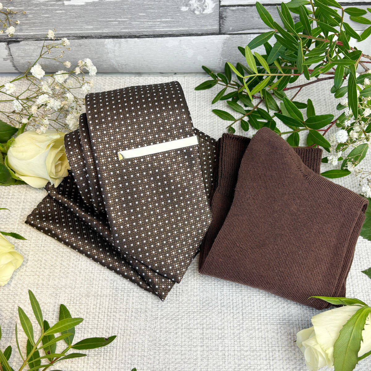 Walnut Diamonds Wedding Tie Pocket Square tie bar and matching socks