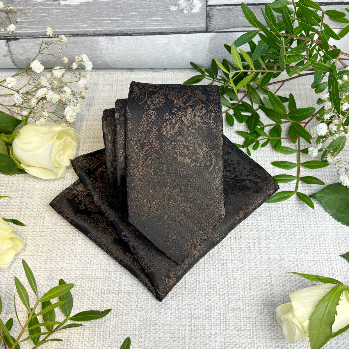 Walnut Floral Wedding Tie with pocket square