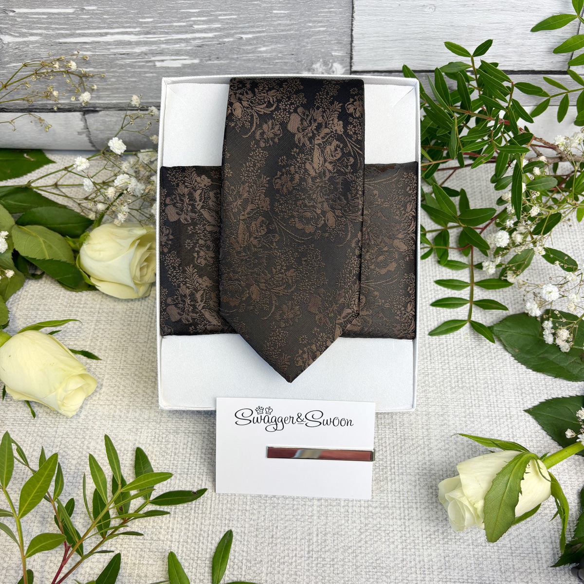 Walnut Floral Wedding Tie with pocket square and tie bar in a gift box