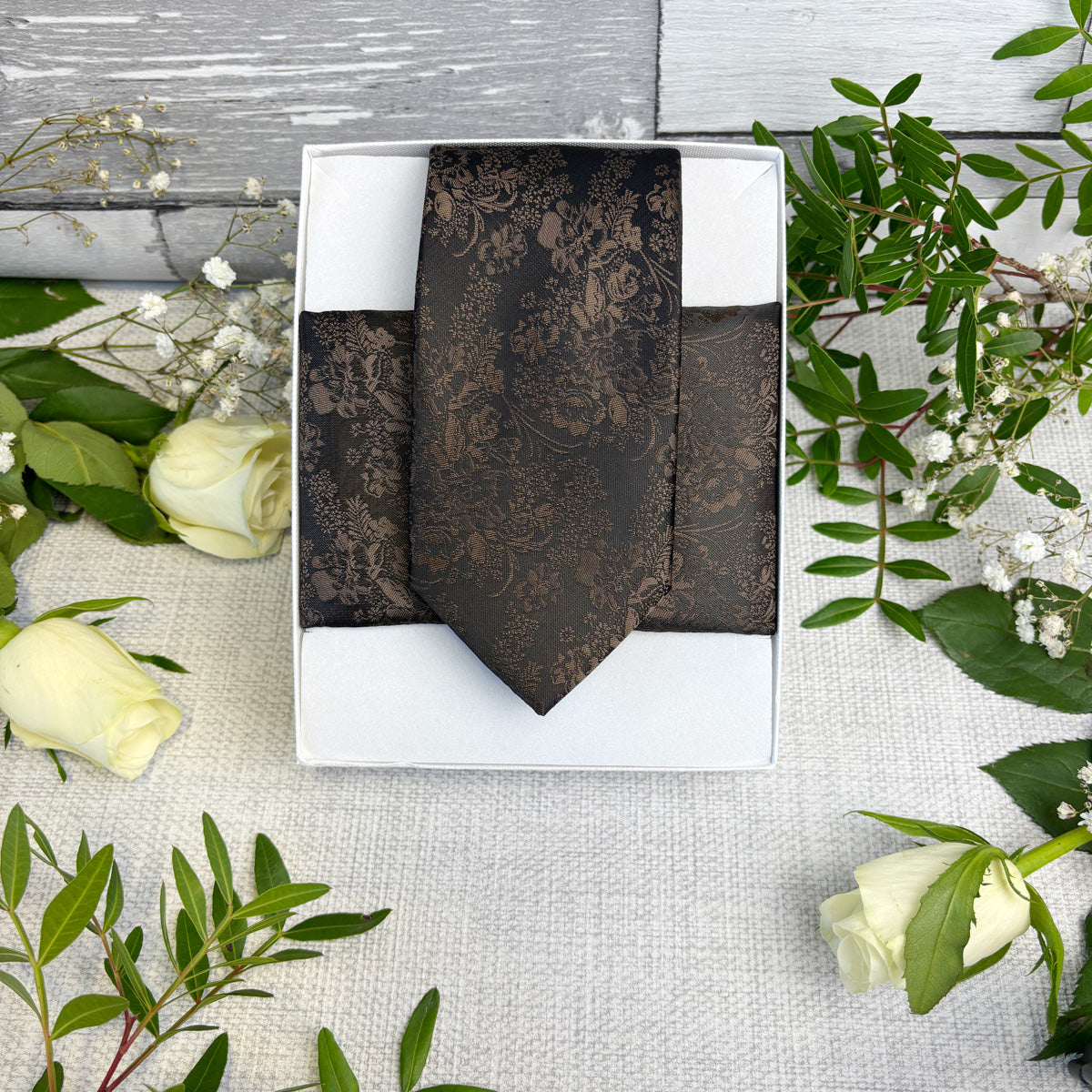 Walnut Floral Wedding Tie with pocket square in a gift box