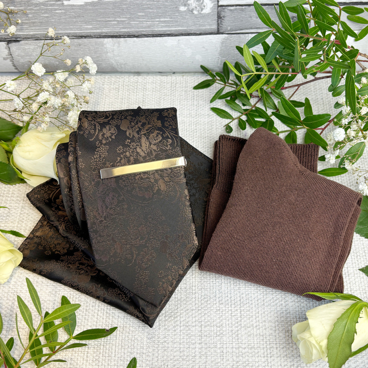 Walnut Floral Wedding Tie with pocket square socks and tie bar