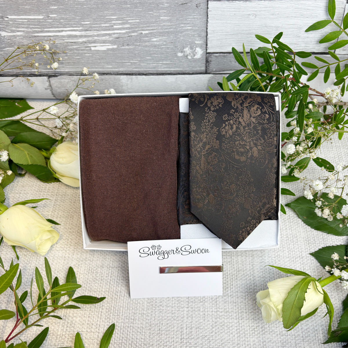 Walnut Floral Wedding Tie with pocket square socks and tie bar in a gift box