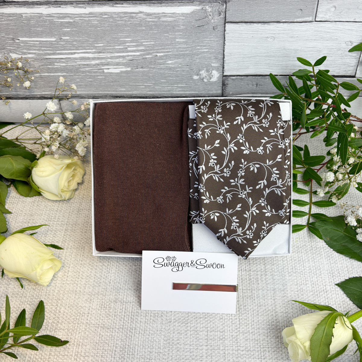 Walnut Leaves tie, pocket square and matching socks with tie bar in a white gift box