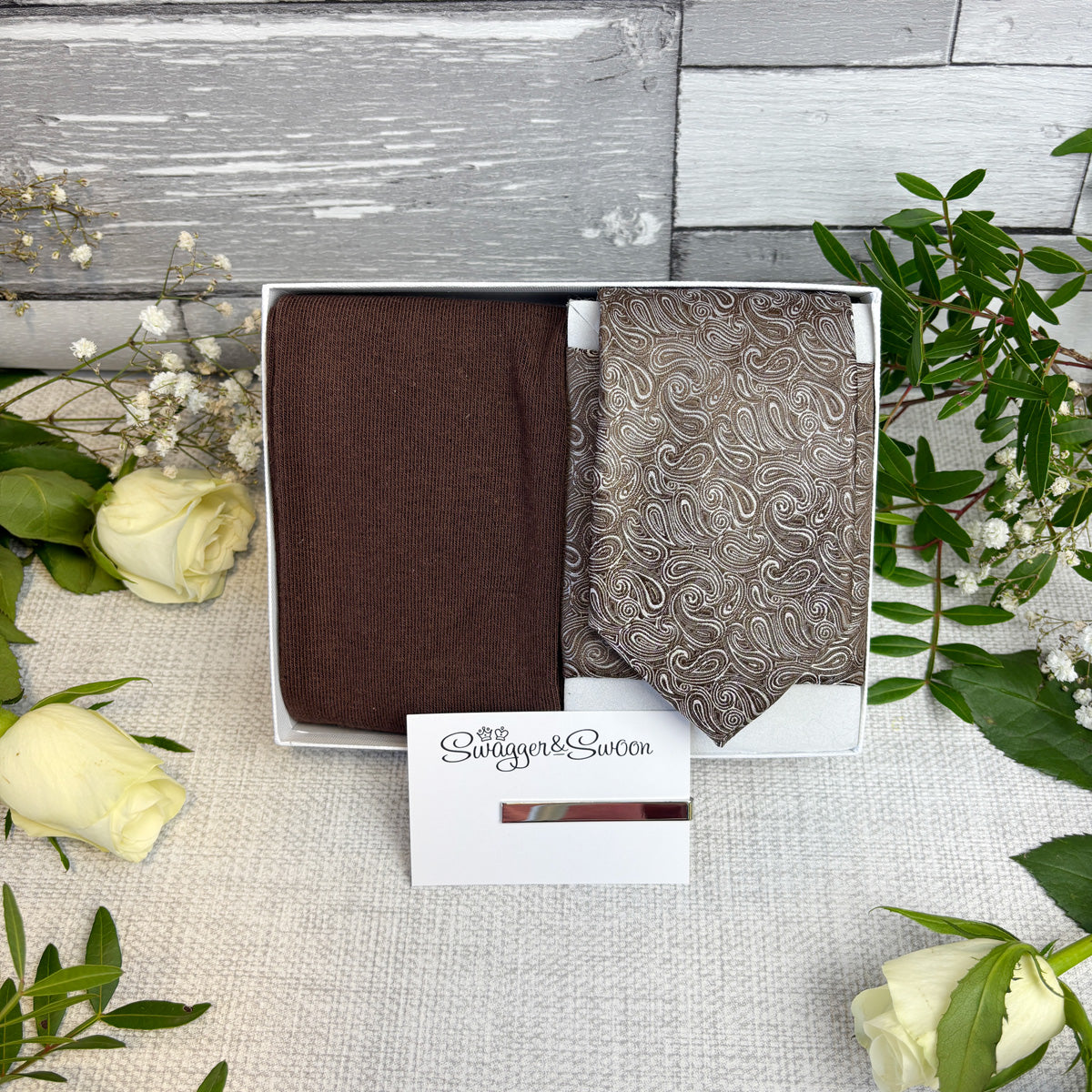 Walnut Paisley Wedding Tie and Matching Pocket Square and socks in a white gift box with silver tie bar