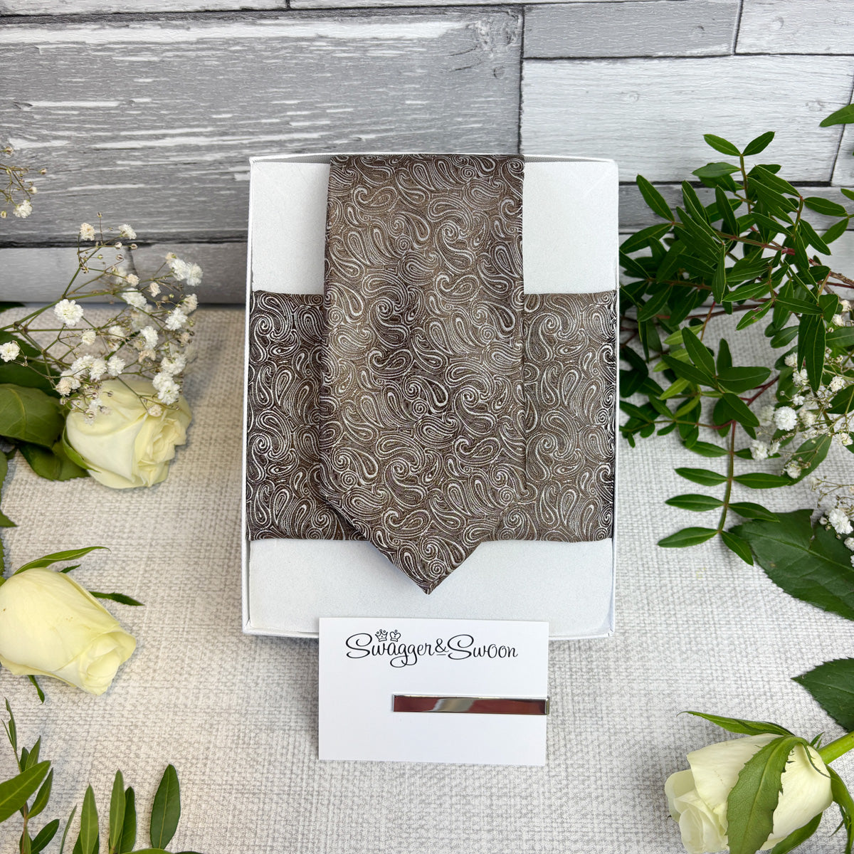 Walnut Paisley Wedding Tie and Matching Pocket Square and tie bar in a white gift box