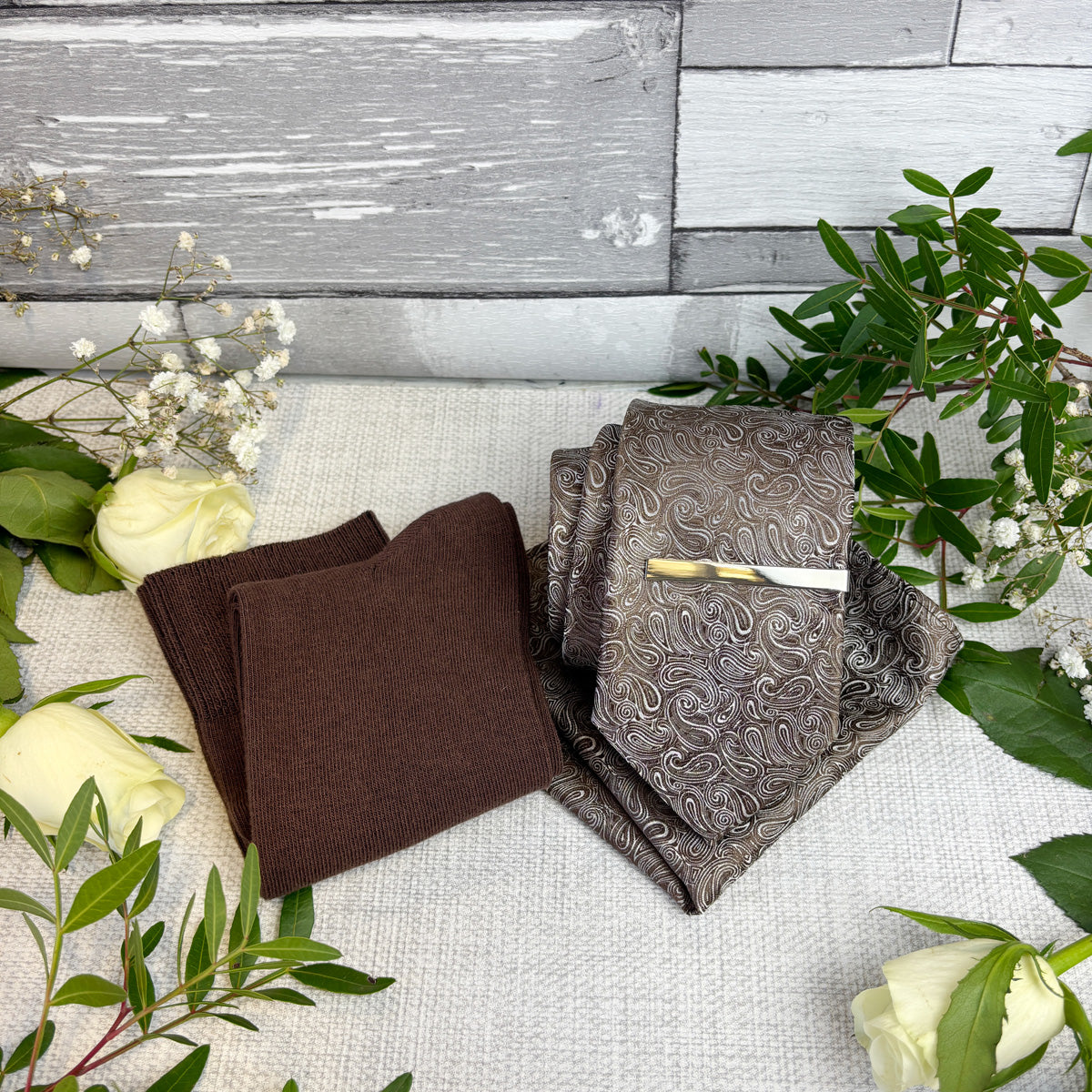 Walnut Paisley Wedding Tie and Matching Pocket Square, socks and Tie Bar