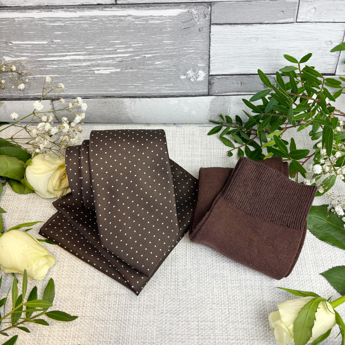 Walnut Pin Dots Wedding Tie, Pocket Square and matching socks