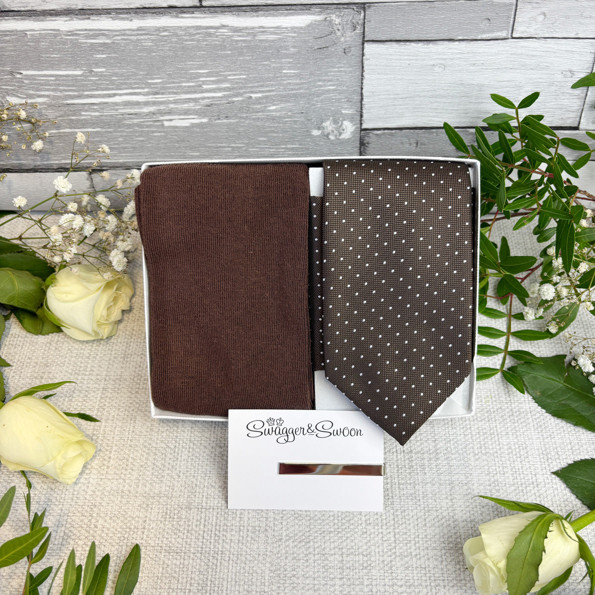 Walnut Pin Dots Wedding Tie, Pocket Square and matching socks in a white presentation box with Tie Bar