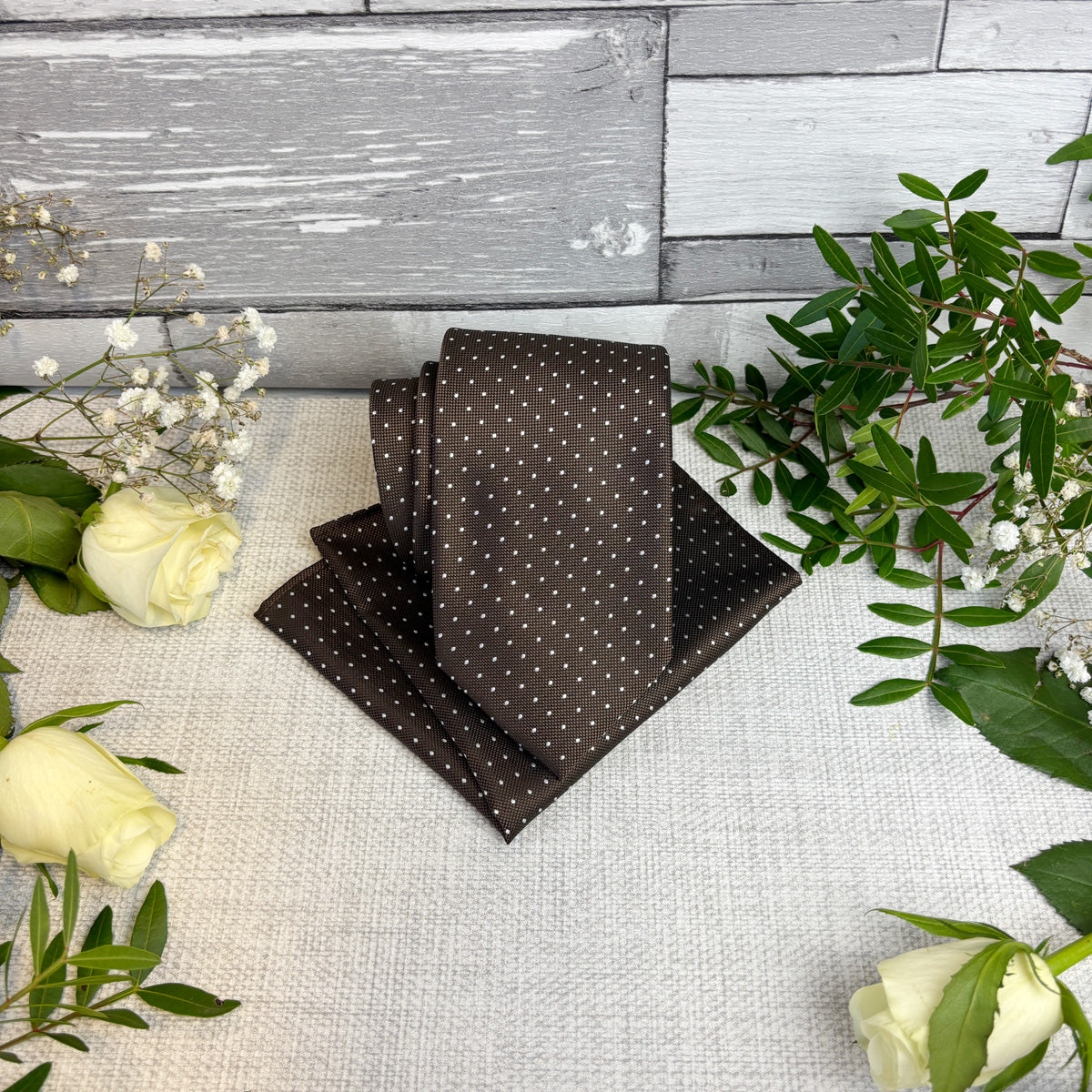 Walnut Pin Dots Wedding Tie and Pocket Square