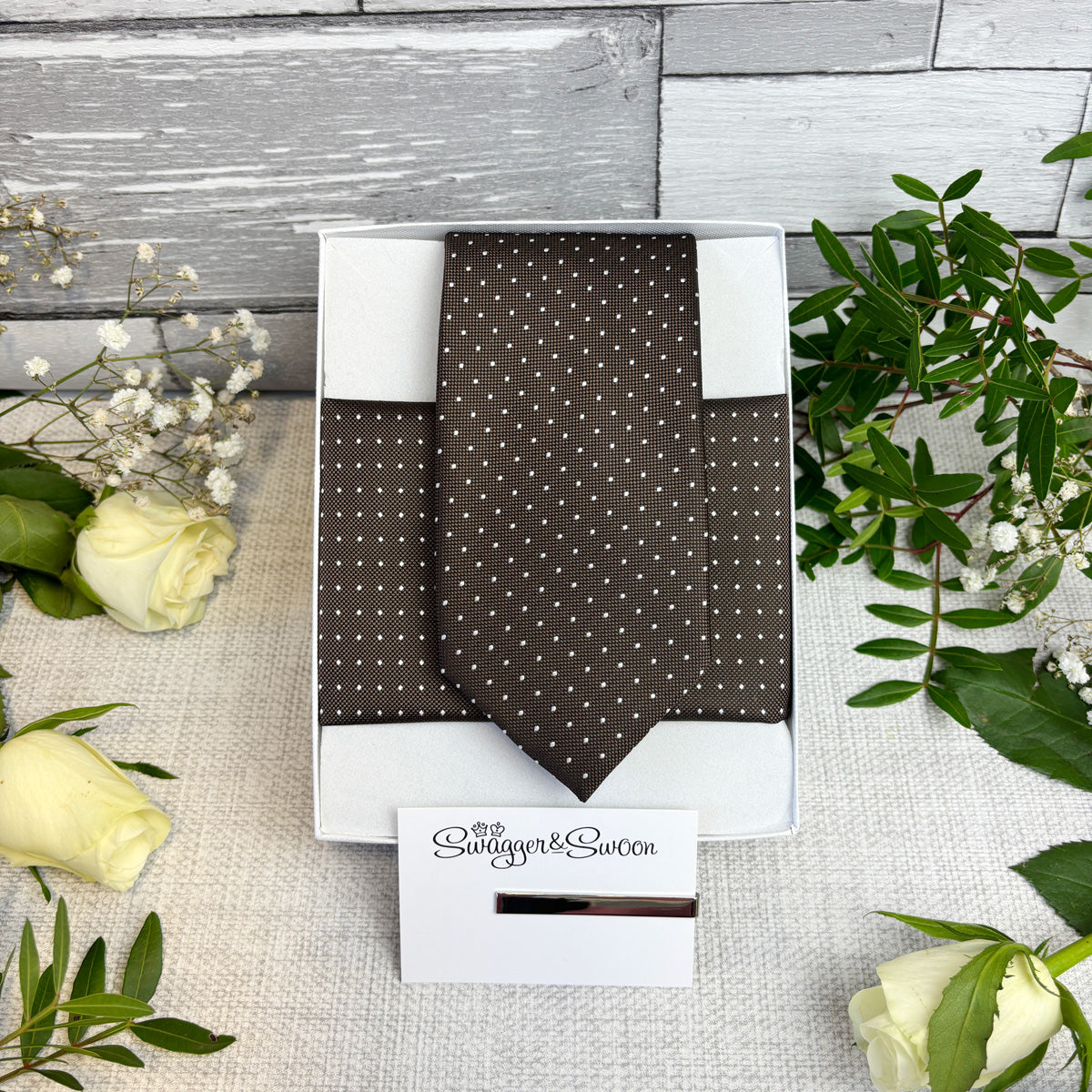 Walnut Pin Dots Wedding Tie and Pocket Square in a white presentation box and matching tie bar