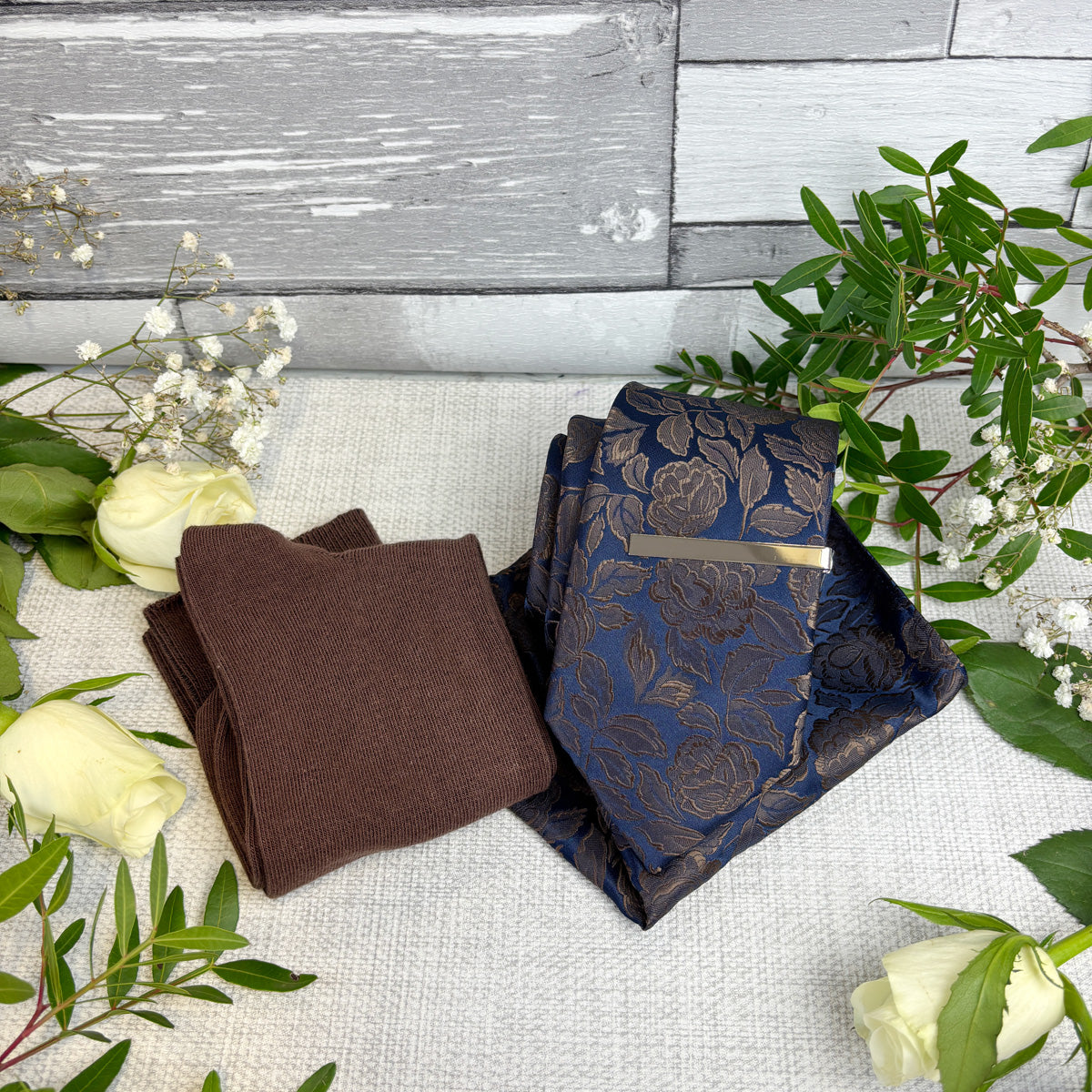Walnut Roses Wedding Tie, Matching Pocket Square, socks and tie bar