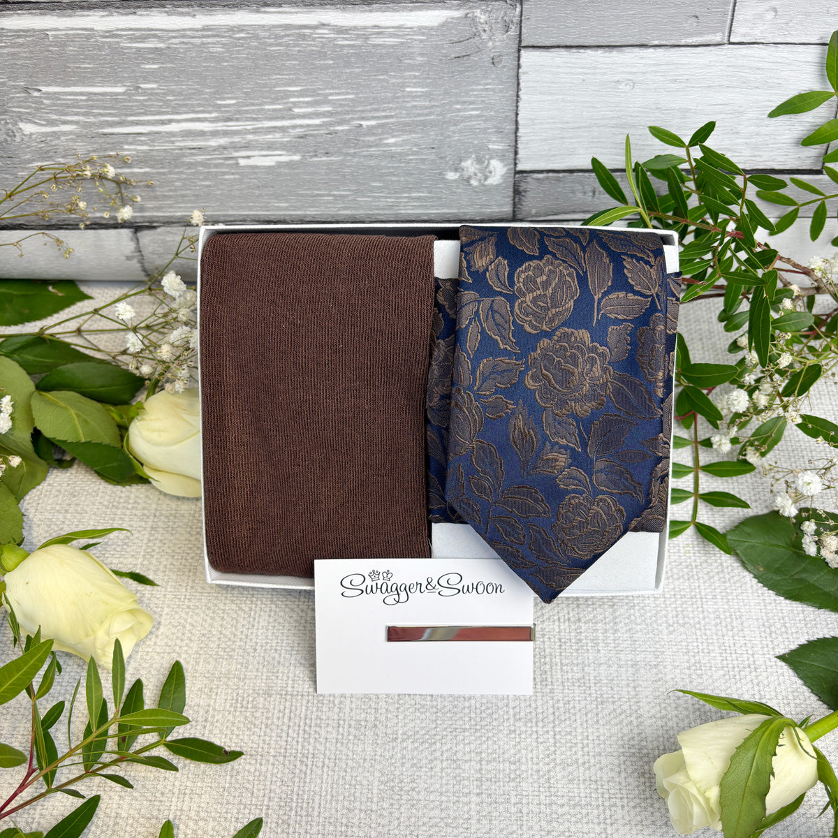 Walnut Roses Wedding Tie and Matching Pocket Square in a white presentation box with socks and ue Bar
