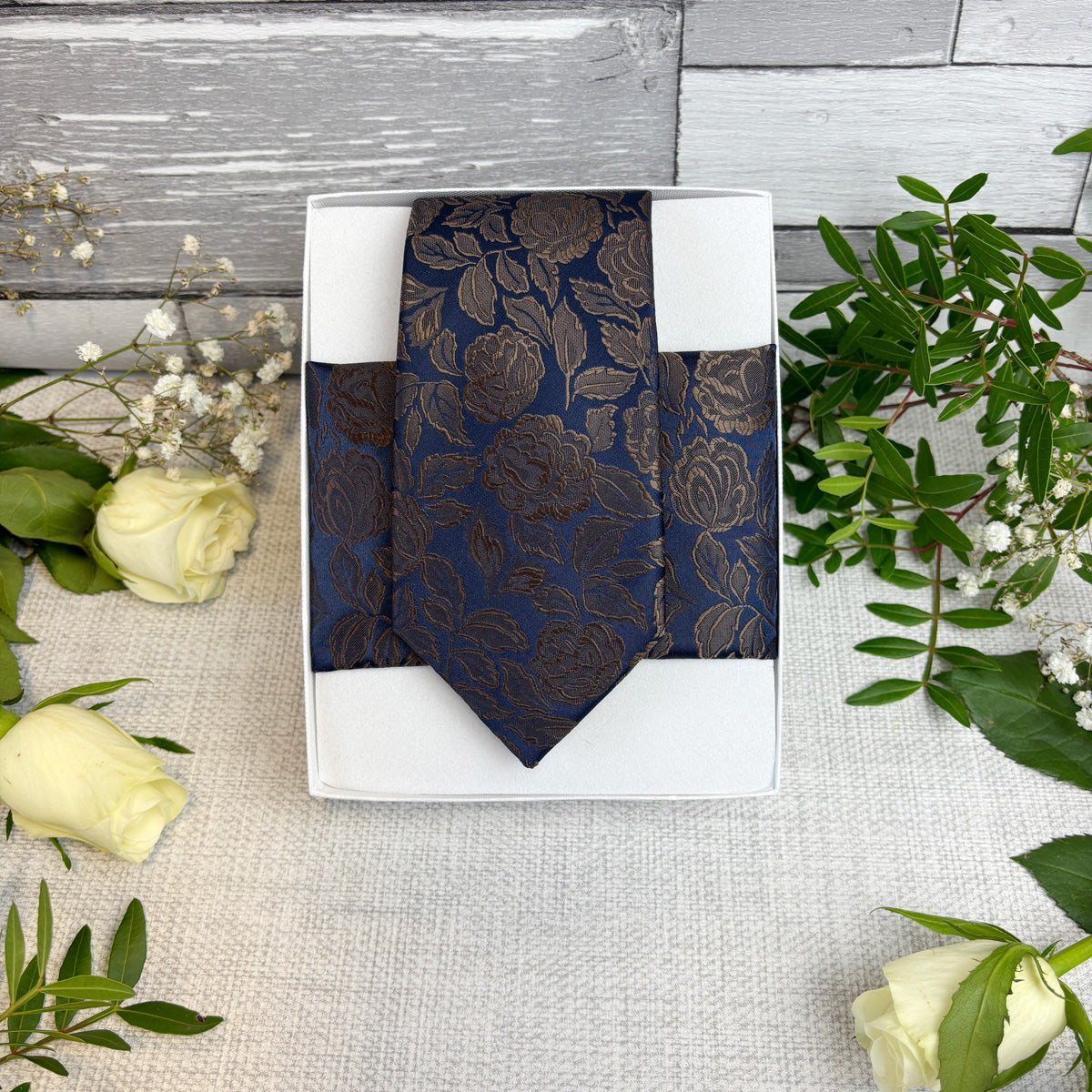 Walnut Roses Wedding Tie and pocket square in a white gift box