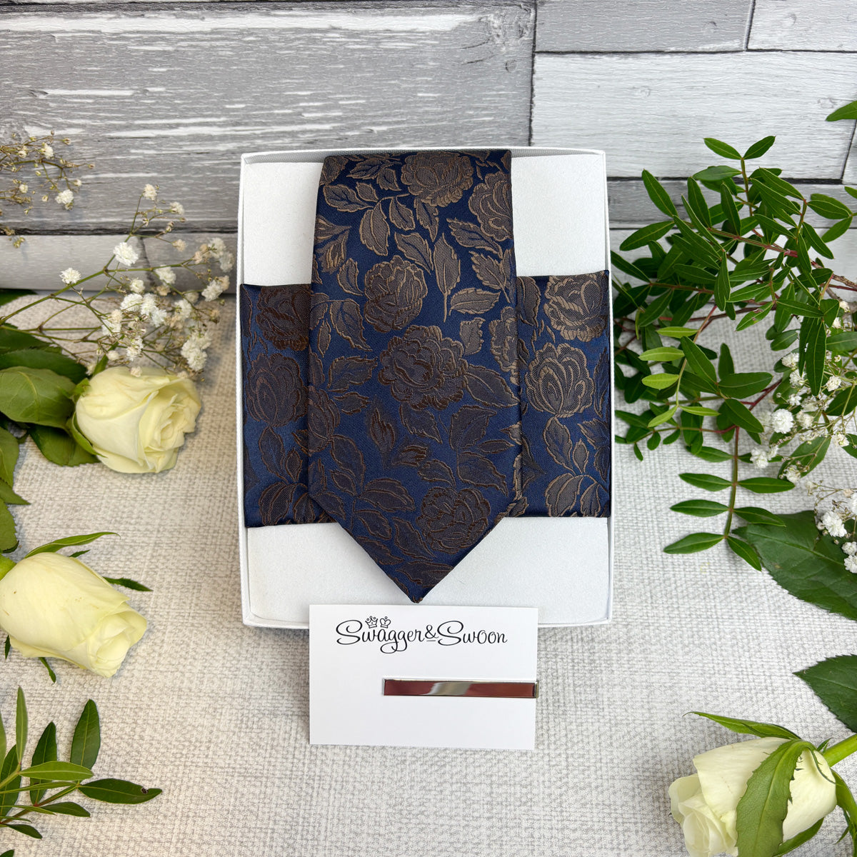 Walnut Roses Wedding Tie and pocket square in a white gift box with tie bar