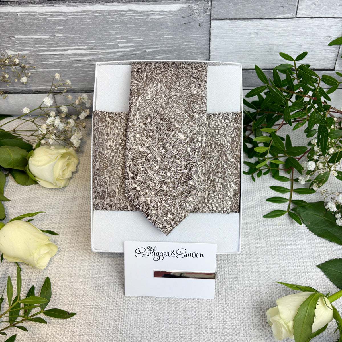 Walnut Woodland Leaves Tie and Matching Pocket Square in a white Presentation box and tie bar