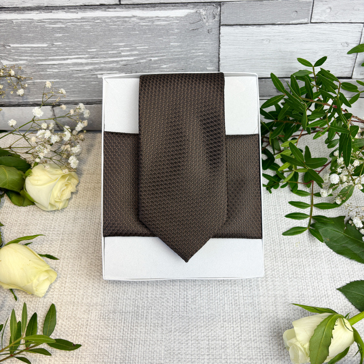 Walnut Woven Wedding Tie and Matching Pocket Square Set in a white presentation box
