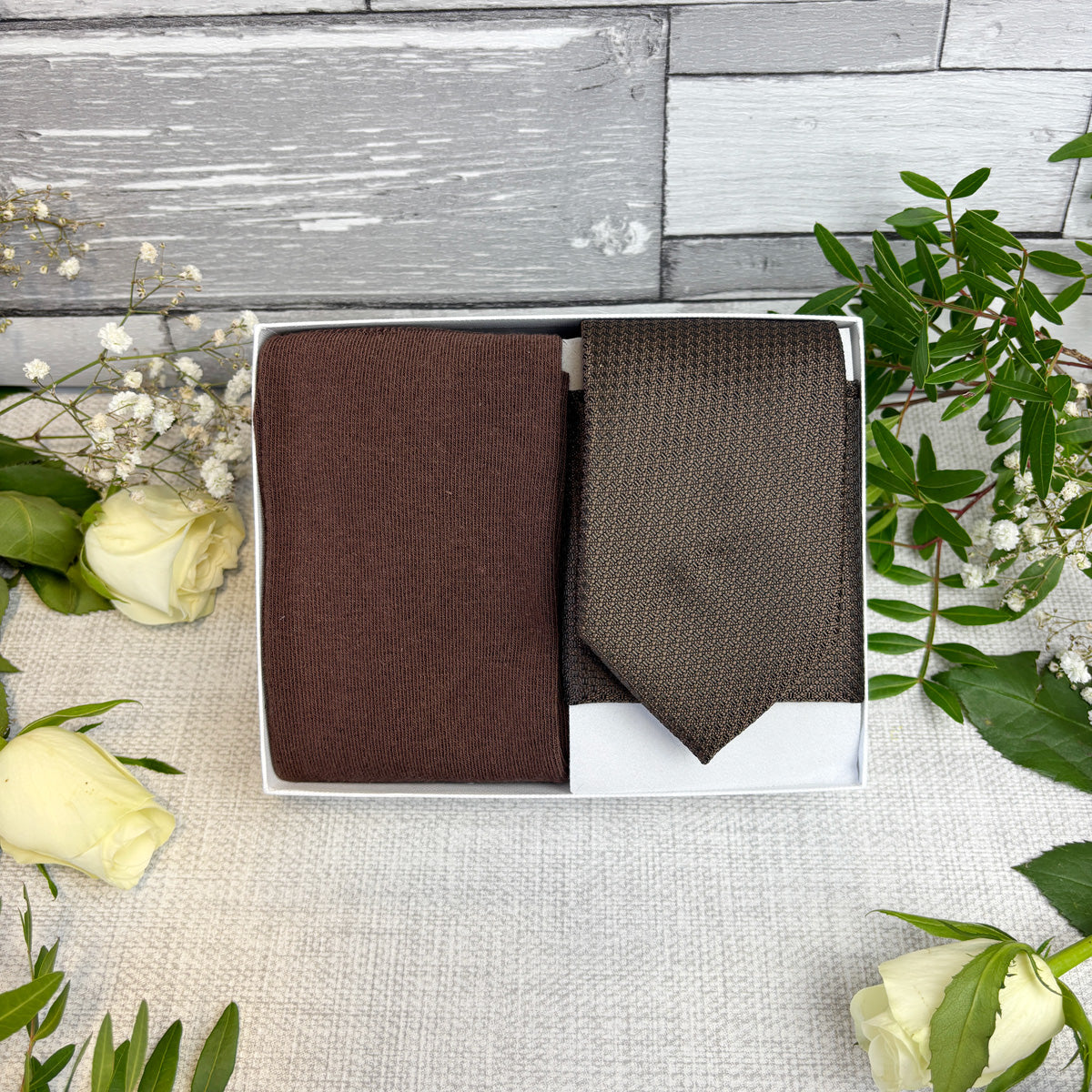 Walnut Woven Wedding Tie, matching pocket square and socks in a white gift box
