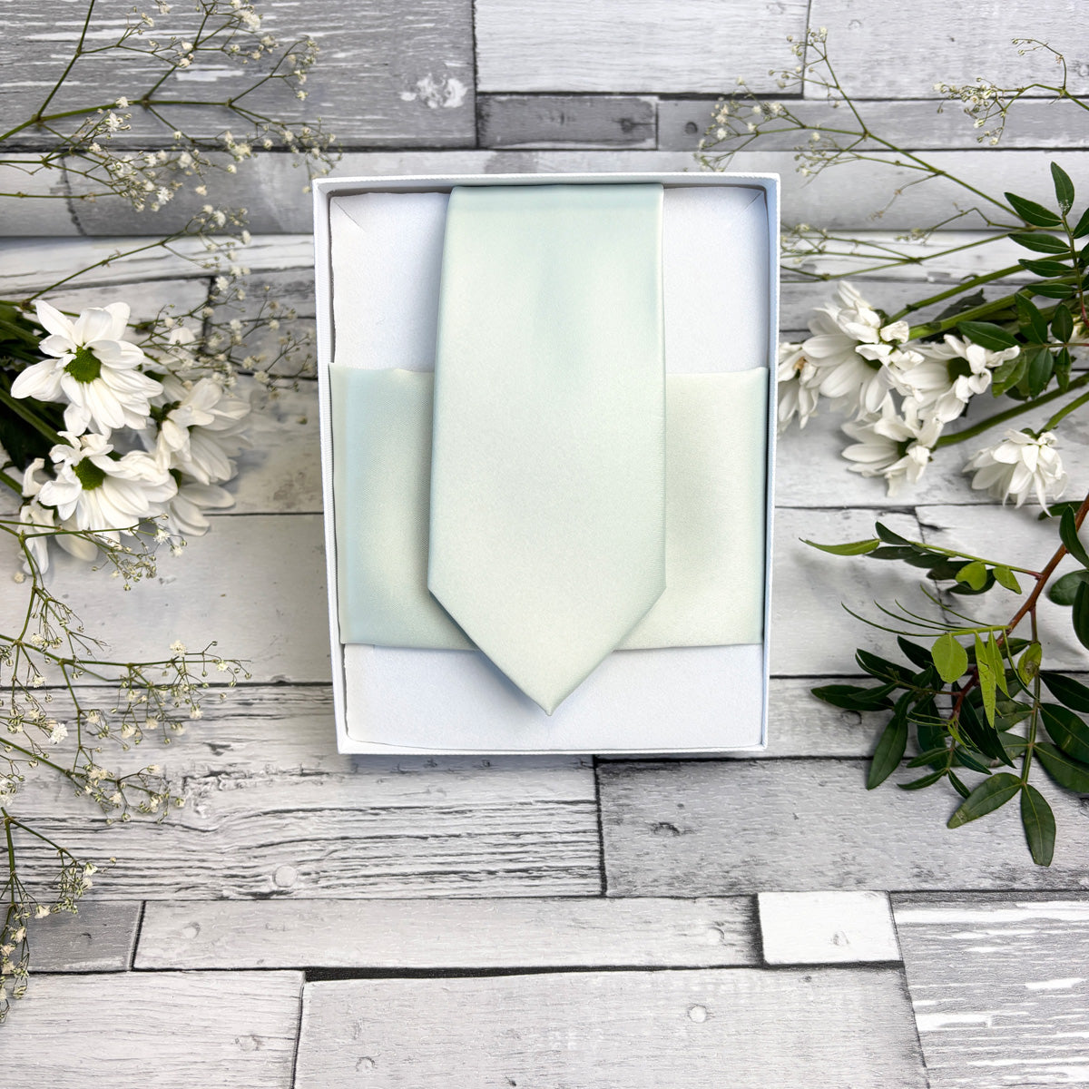 Willow Wedding Tie and Pocket Square in a White Presentation Box