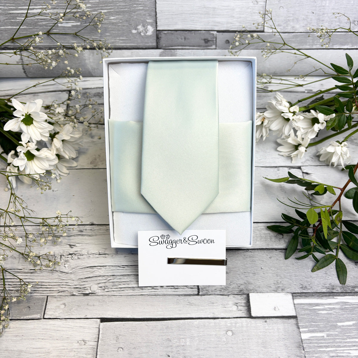 Willow Wedding Tie and Pocket Square in a White Presentation Box with Tie Bar