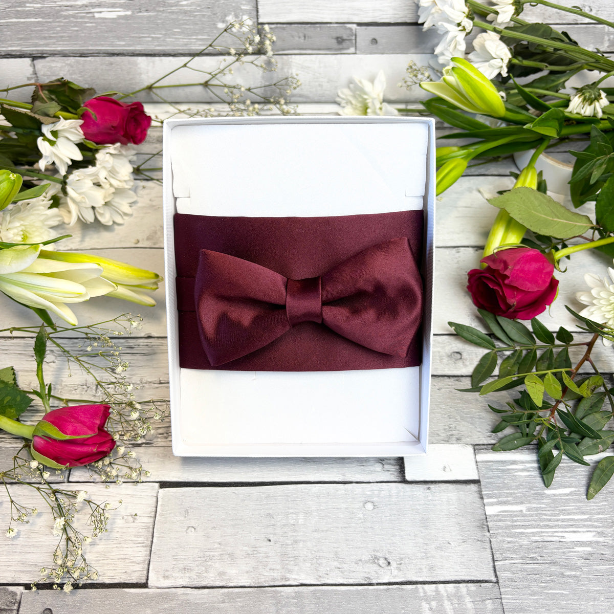 Wine Bow Tie and Pocket Square in a White Presentation Box