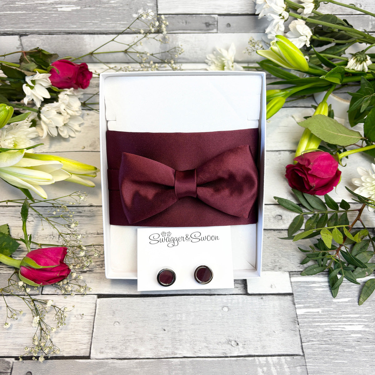 Wine Bow Tie and Pocket Square in a White Presentation Box with Cufflinks