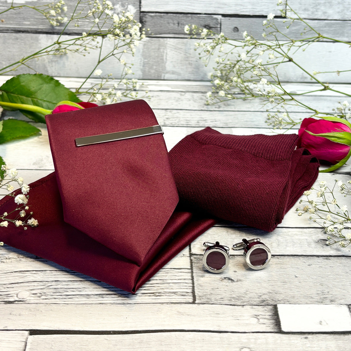 Wine Wedding Tie, Pocket Square, Cufflinks, Tie Bar and Socks
