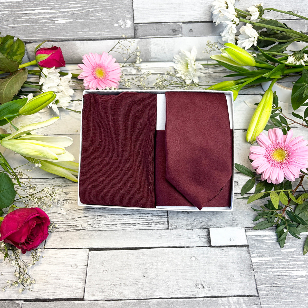 Wine Wedding Tie, Pocket Square and Socks in a White Presentation Box