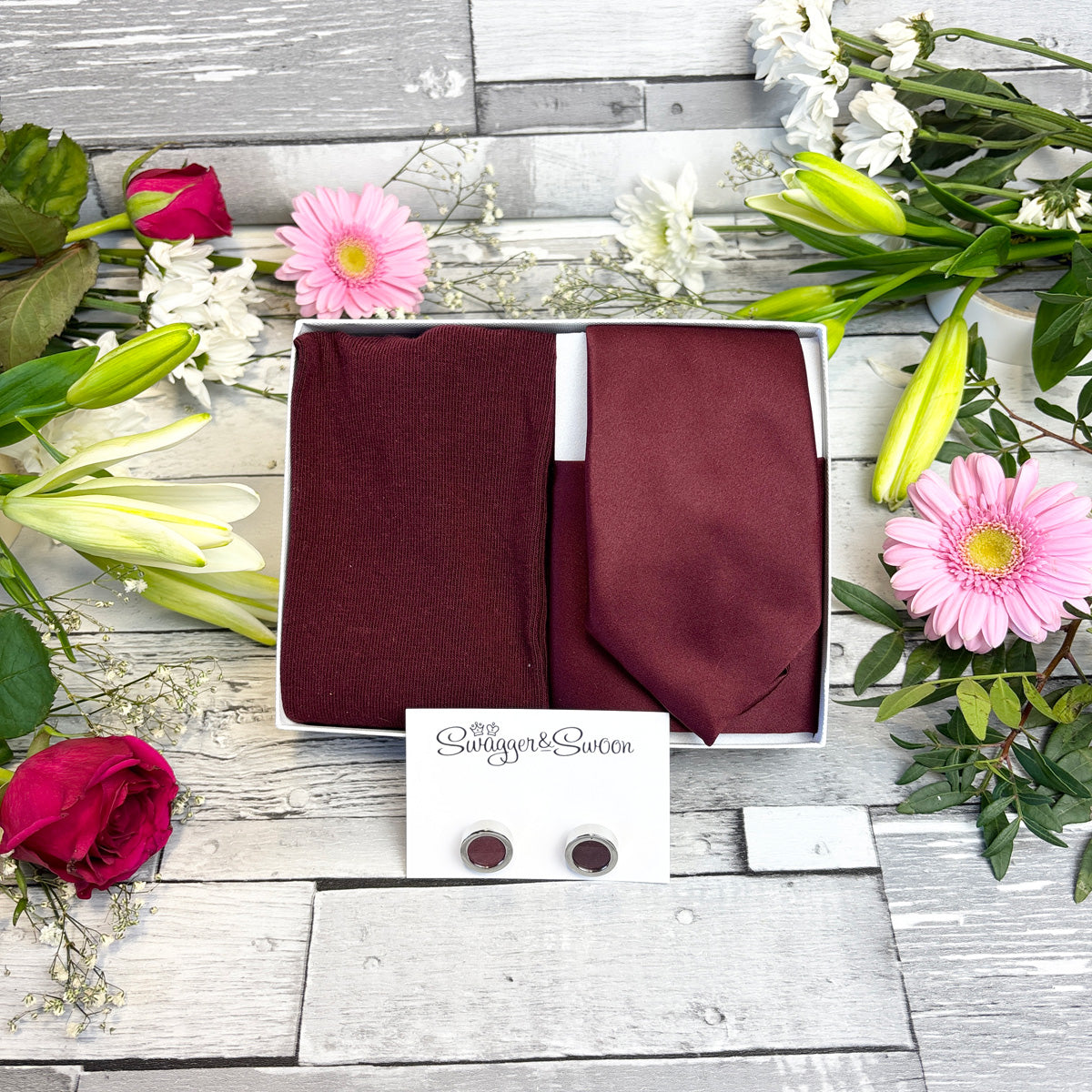 Wine Wedding Tie, Pocket Square and Socks in a White Presentation Box with Cufflinks