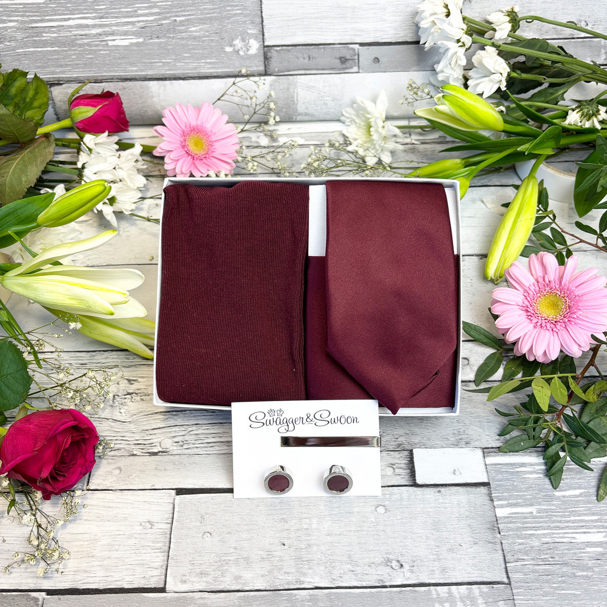 Wine Wedding Tie, Pocket Square and Socks in a White Presentation Box with Cufflinks and Tie Bar