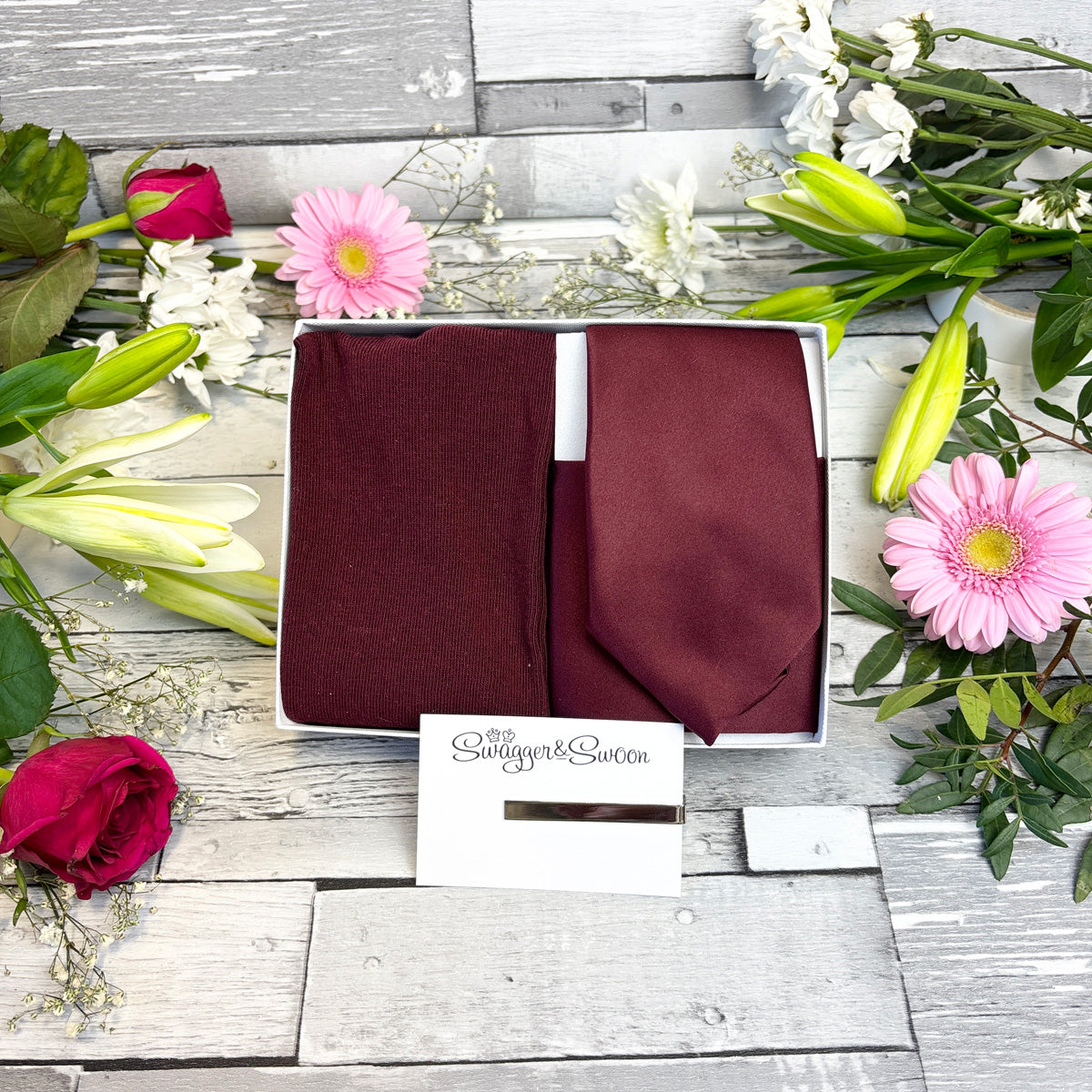 Wine Wedding Tie, Pocket Square and Socks in a White Presentation Box with Tie Bar