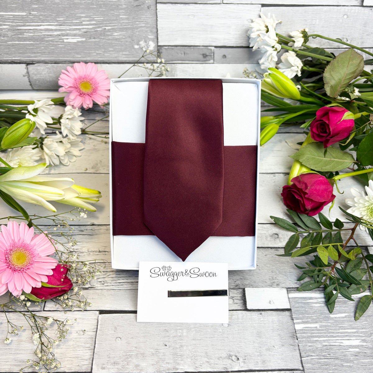 Wine Wedding Tie and Pocket Square in a White Presentation Box with Tie Bar