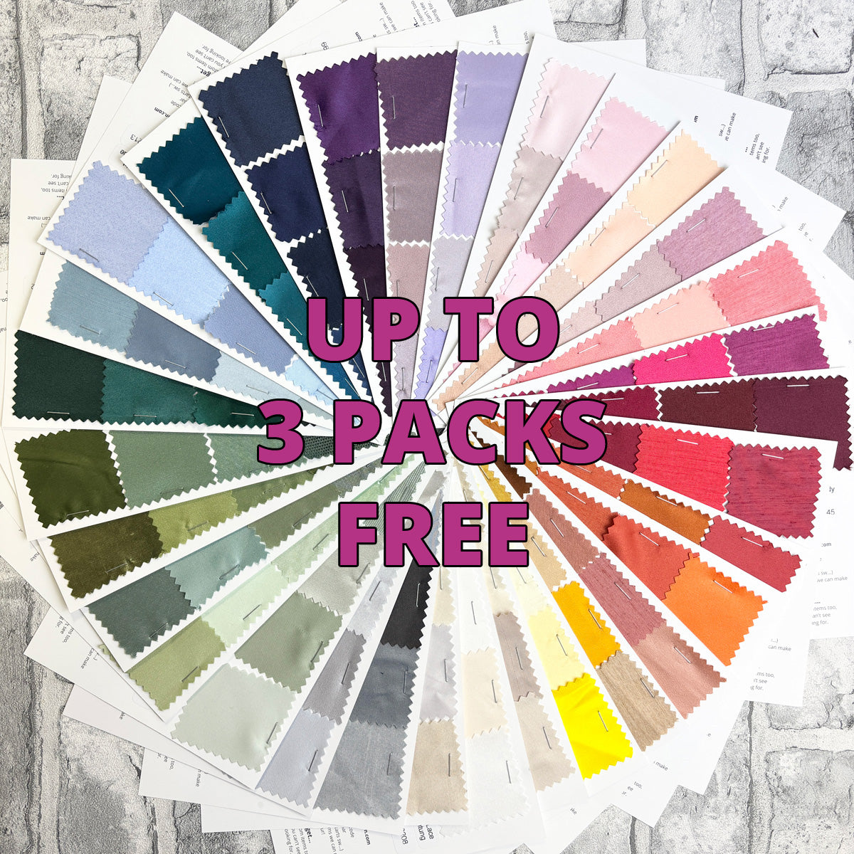 Color swatch wheel with text 'Up to 3 Packs Free' on a textured surface.
