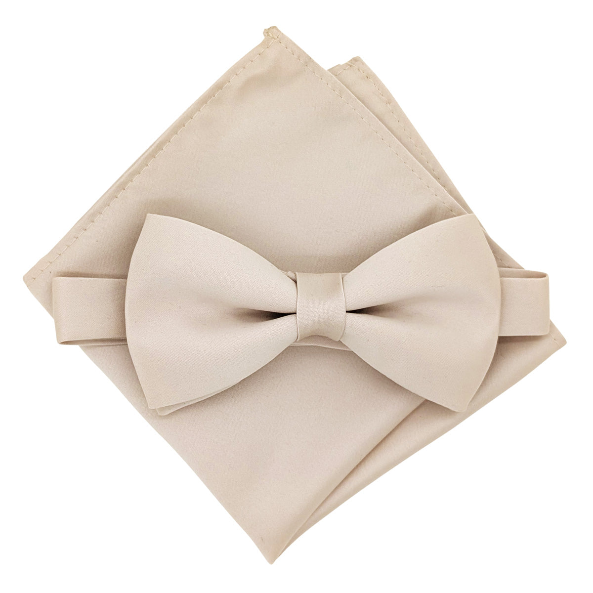 Beige bow tie and pocket square set on a white background
