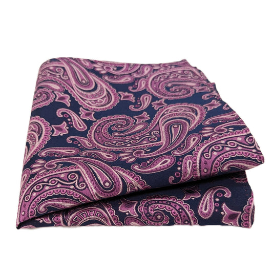 Navy & Berry Paisley Silk Pocket Square