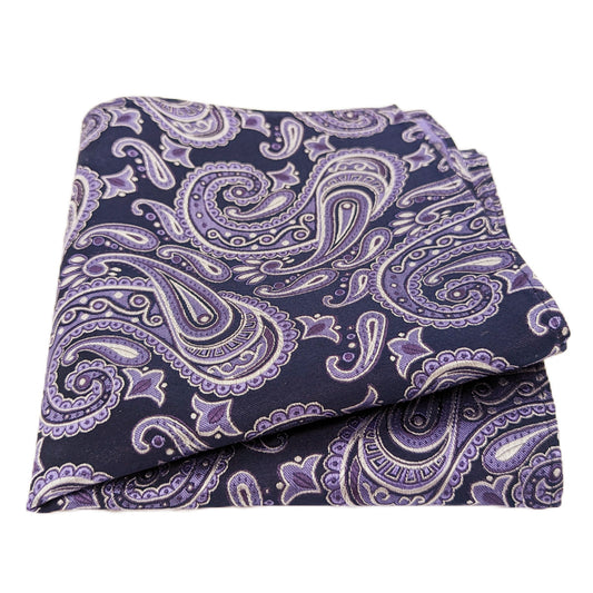 Navy & Lilac Paisley Silk Pocket Square