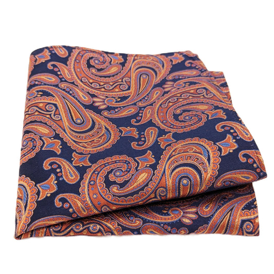 Navy & Orange Paisley Silk Pocket Square