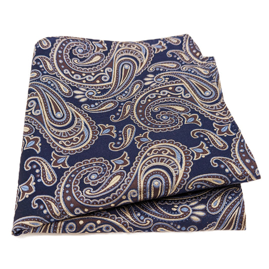 Navy & Beige Paisley Silk Pocket Square