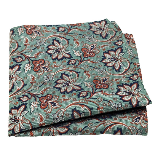 Green & Rust Flowers Silk Pocket Square